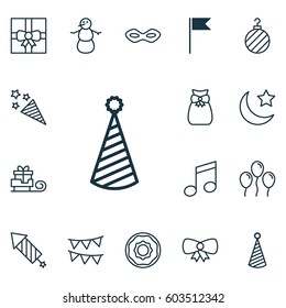 Set Of 16 New Year Icons. Includes Firecracker, Crescent, Doughnut And Other Symbols. Beautiful Design Elements. Set Of 16 New Year Icons. Includes Firecracker, Crescent, Doughnut And Other Symbols. Beautiful Design Elements.