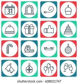 Set Of 16 New Year Icons. Includes Birthday Cake, Champagne Glasses, Tree Toy And Other Symbols. Beautiful Design Elements.