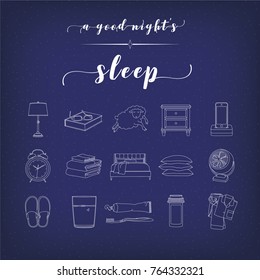 Set Of 16 Nighttime Routine And Sleep Icons Including Pillows, Sheets, Fan, Slippers, Toothbrush, Toothpaste, Pajamas And Items For Going To Bed