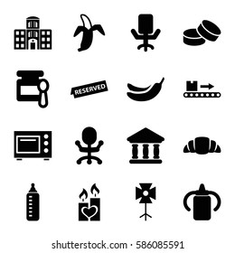 Set of 16 nobody filled icons such as baby bottle, baby food, Banana, tablet, croissant, banana, luggage scan, candle heart, bank, hospital building