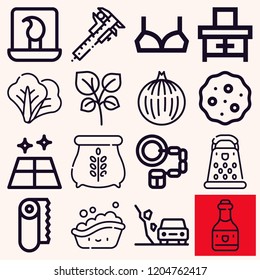 Set of 16 nobody outline icons such as caliper, handcuffs, oregano, onion, floor, landslide, laptop, cookies, brassiere, wine, dresser, paper, bath tub, lettuce, cheese grater