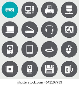Set Of 16 Notebook Icons Set.Collection Of Laptop, Microprocessor, Control Device And Other Elements.