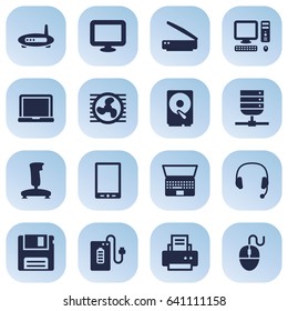 Set Of 16 Notebook Icons Set.Collection Of Notebook, Headset, Control Device And Other Elements.
