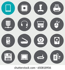 Set Of 16 Notebook Icons Set.Collection Of Microprocessor, Headset, Diskette And Other Elements.