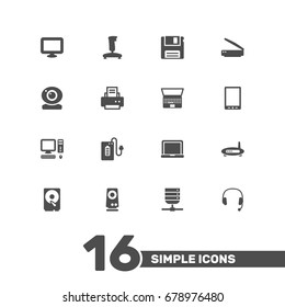 Set Of 16 Notebook Icons Set.Collection Of Joystick, Record, Datacenter And Other Elements.