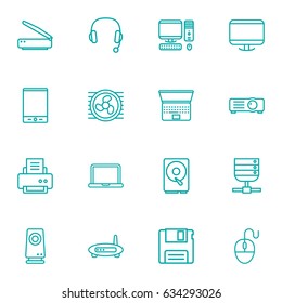 Set Of 16 Notebook Outline Icons Set.Collection Of Hdd, Computer Mouse, Floppy And Other Elements.