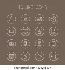 Set Of 16 Notebook Outline Icons Set.Collection Of Tablet, Floppy, PC And Other Elements.