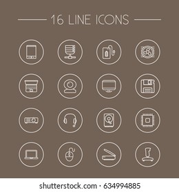 Set Of 16 Notebook Outline Icons Set.Collection Of Scanner, Projector, Headphone And Other Elements.
