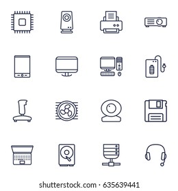 Set Of 16 Notebook Outline Icons Set.Collection Of Cooler, Hdd, Floppy And Other Elements.