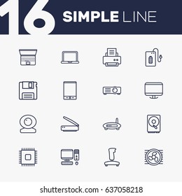 Set Of 16 Notebook Outline Icons Set.Collection Of Cpu, Cooler, Printer And Other Elements.