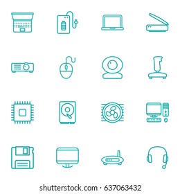 Set Of 16 Notebook Outline Icons Set.Collection Of Modem, Web Cam, Computer Mouse And Other Elements.