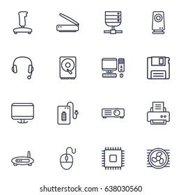 Set Of 16 Notebook Outline Icons Set.Collection Of Hdd, Printer, Gamepad And Other Elements.