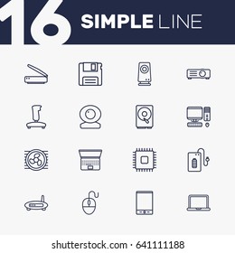 Set Of 16 Notebook Outline Icons Set.Collection Of Laptop, Speaker, Gamepad And Other Elements.
