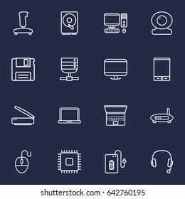 Set Of 16 Notebook Outline Icons Set.Collection Of Cpu, Server, Headphone And Other Elements.