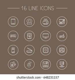 Set Of 16 Notebook Outline Icons Set.Collection Of Printer, Monitor, Tablet And Other Elements.