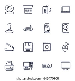 Set Of 16 Notebook Outline Icons Set.Collection Of Cpu, Web Cam, Projector And Other Elements.
