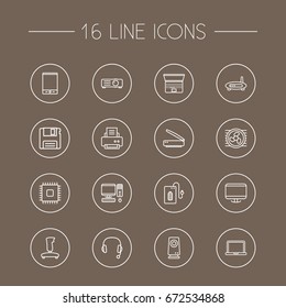 Set Of 16 Notebook Outline Icons Set.Collection Of Floppy, Laptop, Printer And Other Elements.