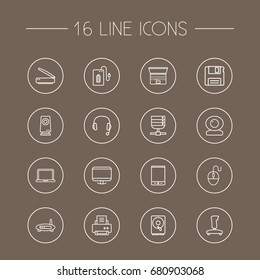 Set Of 16 Notebook Outline Icons Set.Collection Of Speaker, Powerbank, Printer And Other Elements.