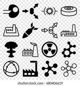 set of 16 nuclear filled and outline icons such as rocket bomb, factory, atom move, core, atom, radiation, nuclear explosion, smoke bomb