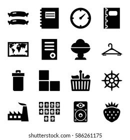  Set of 16 object filled icons such as sausage, trash bin, brick wall, hanger, document, factory, strawberry, helm, loudspeaker, notebook, clock