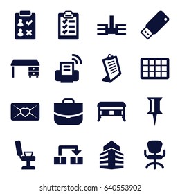 set of 16 office filled icons such as barber chair, case, pin, clipboard, love letter, usb drive, building, printer, calendar, object move
