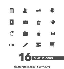 Set Of 16 Office Icons Set.Collection Of Phone, Case, Desktop And Other Elements.