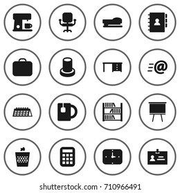 Set Of 16 Office Icons Set.Collection Of Desktop, Espresso, Case And Other Elements.