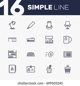 Set Of 16 Office Outline Icons Set.Collection Of Calendar, Bookshelf, Chair And Other Elements.