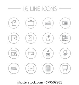 Set Of 16 Office Outline Icons Set.Collection Of Board Stand, Calendar, Briefcase Elements.