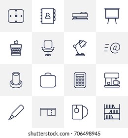Set Of 16 Office Outline Icons Set.Collection Of Bookshelf, Briefcase, Marker And Other Elements.