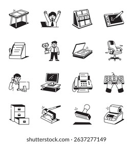 Set of 16 Office Tools Drawing Style Icons
