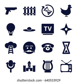set of 16 old filled icons such as chicken, woman hat, emot with mustache, fence, tv, tv, desk phone, microphone, harp, air balloon, hourglass, compass, gun