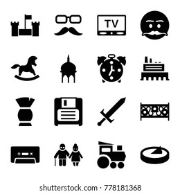 Set of 16 old filled icons such as mosque, brush, emot with mustache, castle, fence, diskette, cassette, tv, sundial, alarm, sword, horse toy, train toy, mustache and glasses