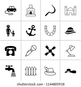Set of 16 old filled and outline icons such as sickle, windmill, water tap, grandmother and granson, desk phone, car toy, woman hat, anchor, women hat, horseshoe, table lamp