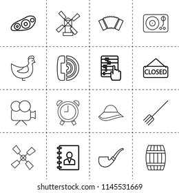 Set of 16 old outline icons such as pitchfork, windmill, barrel, chicken, adress book, abacus, call, front car light, movie camera, vinyl player, smoking pipe, accordion