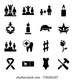 Set of 16 one filled icons such as turtle, candle, ranking, son and father, box, rose, dental care, musical sharp, screwdriver, ribbon, 1st place star, ticket