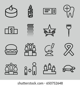 set of 16 one outline icons such as ticket, turtle, barber brush, curly hair, ranking, son and father, candle, microscope, dental care, ribbon, 1st place star