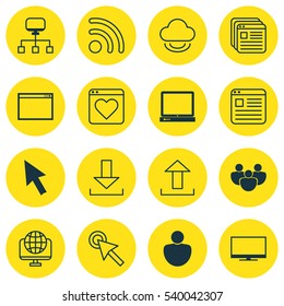Set Of 16 Online Connection Icons. Includes Cursor Tap, Website Bookmarks, Program And Other Symbols. Beautiful Design Elements.