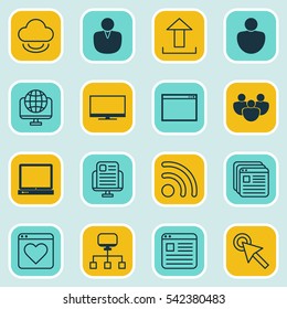 Set Of 16 Online Connection Icons. Includes Send Data, Website Page, Blog Page And Other Symbols. Beautiful Design Elements.