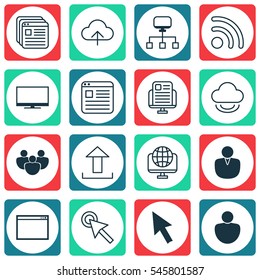 Set Of 16 Online Connection Icons. Includes Account, Local Connection, Data Synchronize And Other Symbols. Beautiful Design Elements.