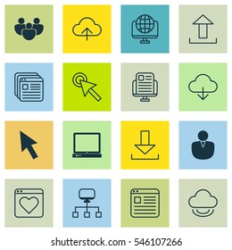Set Of 16 Online Connection Icons. Includes Virtual Storage, Save Data, Data Synchronize And Other Symbols. Beautiful Design Elements.