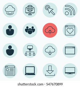 Set Of 16 Online Connection Icons. Includes Followed Website, Computer Network, Display And Other Symbols. Beautiful Design Elements.