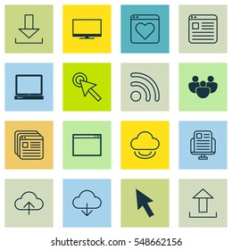 Set Of 16 Online Connection Icons. Includes Cursor Tap, Login, Display And Other Symbols. Beautiful Design Elements.