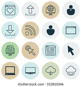 Set Of 16 Online Connection Icons. Includes Cursor Tap, Computer Network, Followed Website And Other Symbols. Beautiful Design Elements.