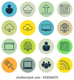 Set Of 16 Online Connection Icons. Includes Data Synchronize, Cursor Tap, Website Page And Other Symbols. Beautiful Design Elements.