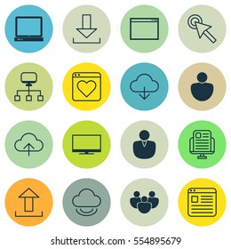 Set Of 16 Online Connection Icons. Includes Local Connection, Data Synchronize, Send Data And Other Symbols. Beautiful Design Elements.