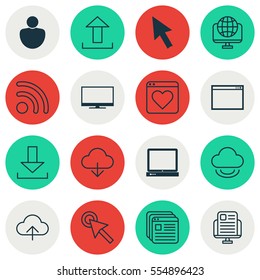 Set Of 16 Online Connection Icons. Includes Blog Page, PC, Program And Other Symbols. Beautiful Design Elements.