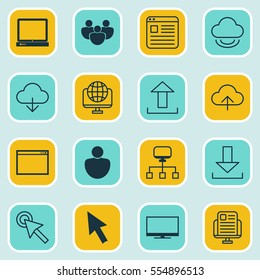 Set Of 16 Online Connection Icons. Includes Blog Page, Cursor Tap, Save Data And Other Symbols. Beautiful Design Elements.