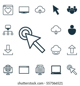 Set Of 16 Online Connection Icons. Includes Display, Cursor Tap, PC And Other Symbols. Beautiful Design Elements.
