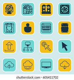 Set Of 16 Online Connection Icons. Includes Save Data, Data Synchronize, PC And Other Symbols. Beautiful Design Elements.
